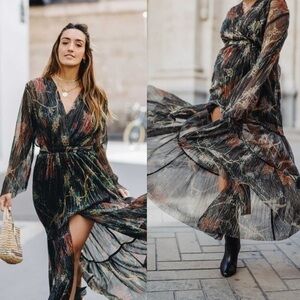 Ba&sh Hendrix Metallic Plisse Pleated Maxi Dress Gown Bash NWT Blogger